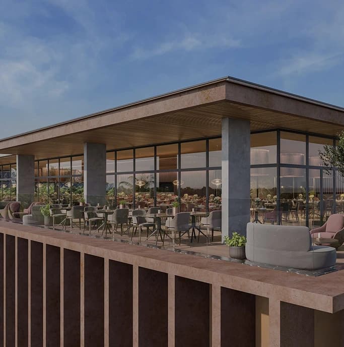 Vista aérea do Reserva Beach Club em Alphaville, mostrando a piscina de ondas e área de lazer